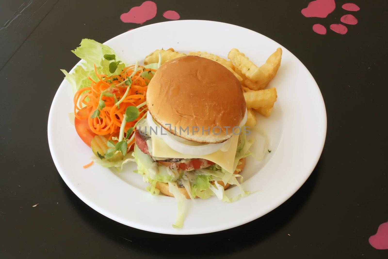 Hamburger Set Meal On Black Table During the Day