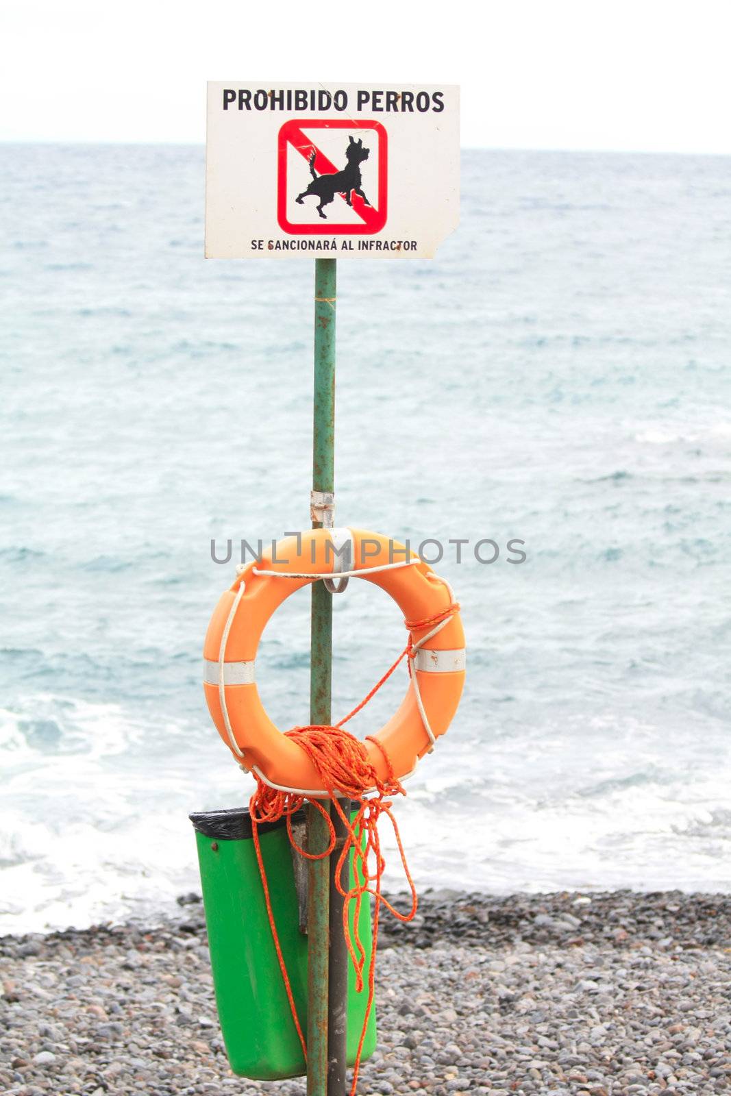 A life saver, a garbage bin and a sign telling that dogs are not allowed on the beach