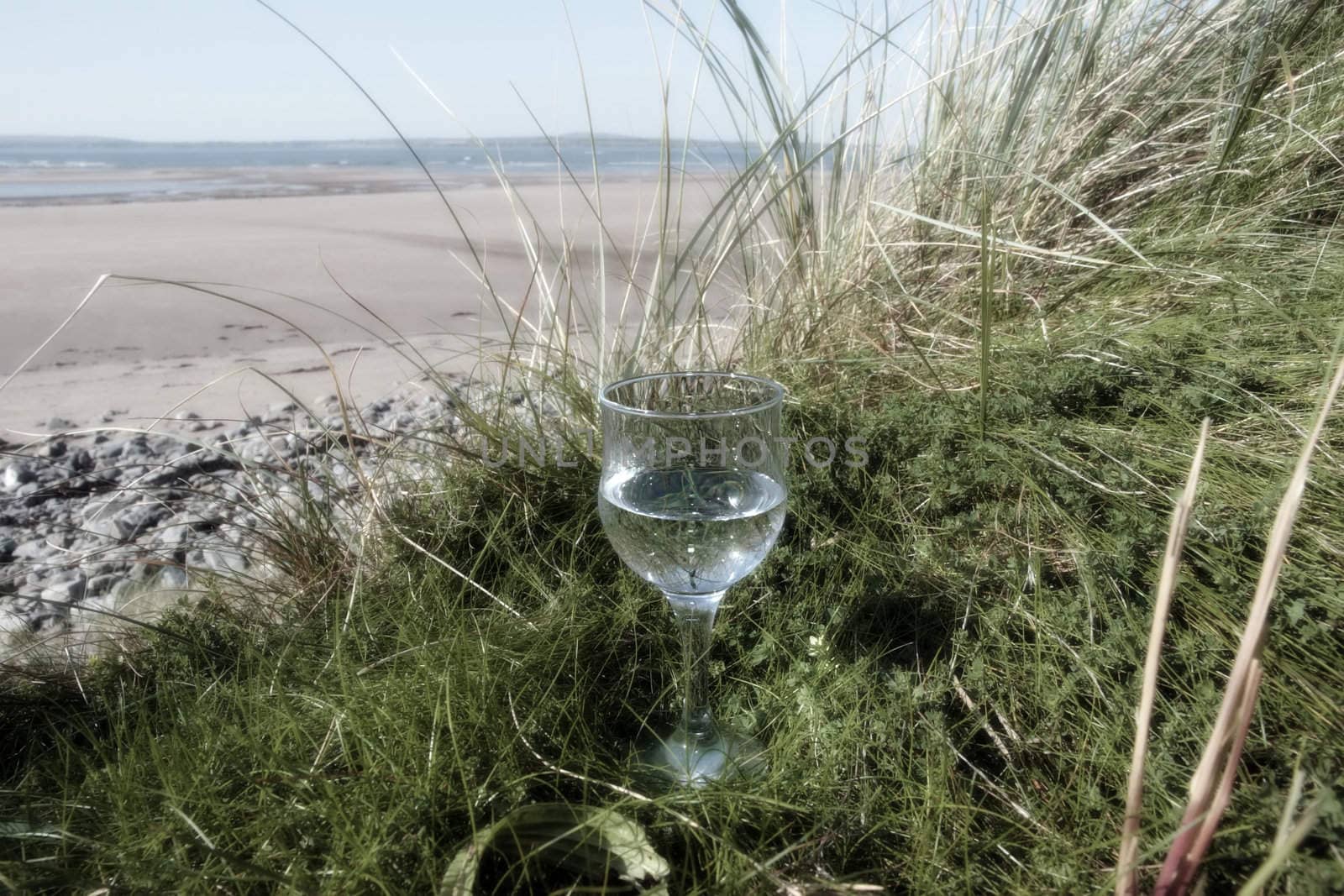 single glass of pure natural water standing on the beach dunes in kerry ireland