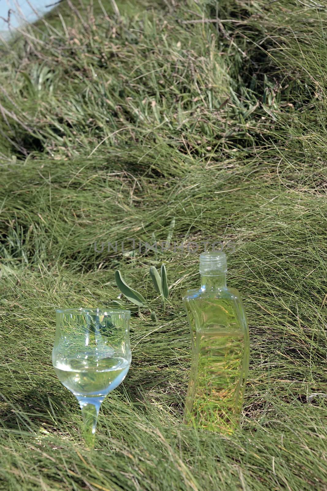 single glass and bottle of pure natural water standing on the beach dunes in kerry ireland