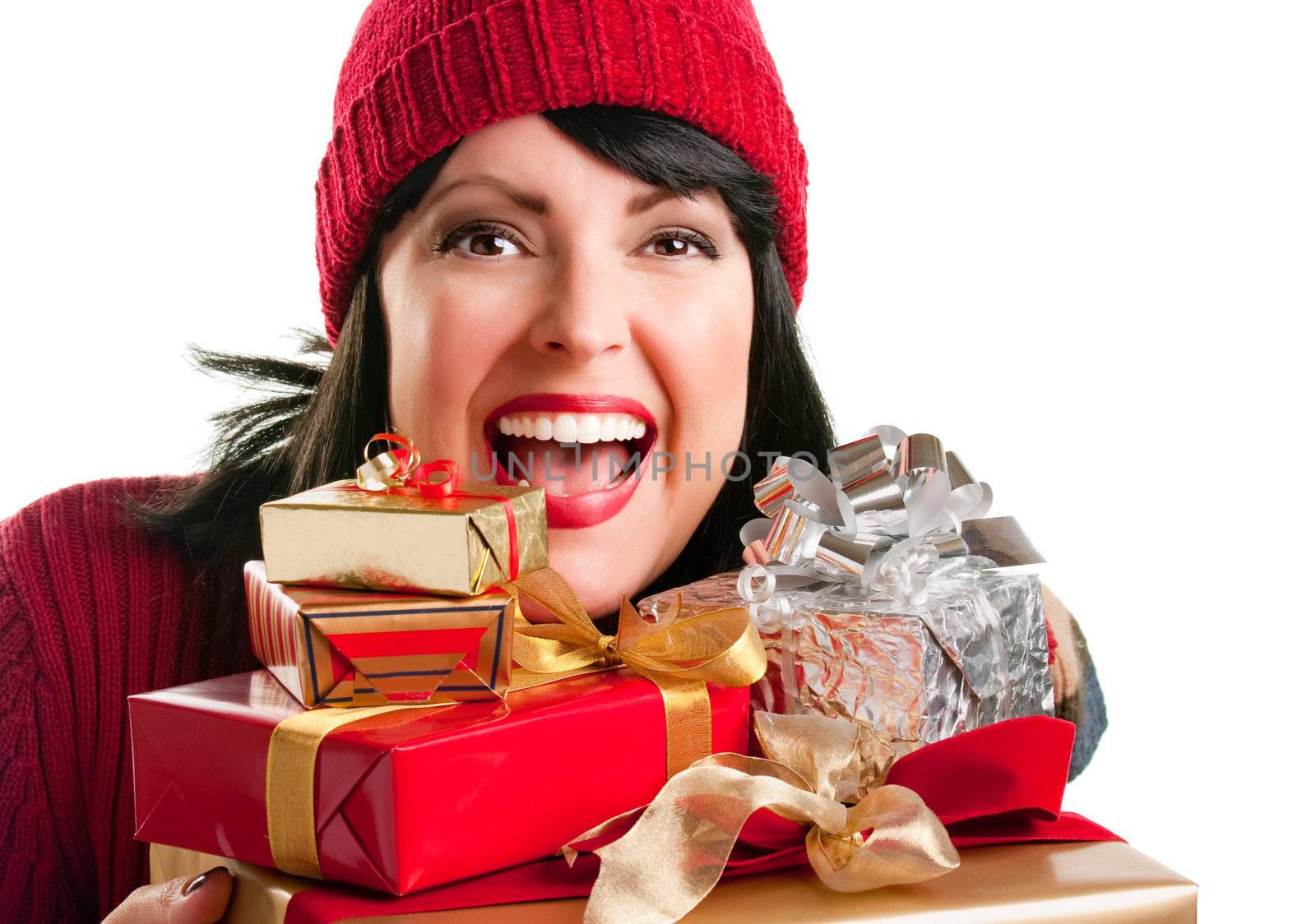 Happy, Attractive Woman Holds Holiday Gifts Isolated on a White Background.