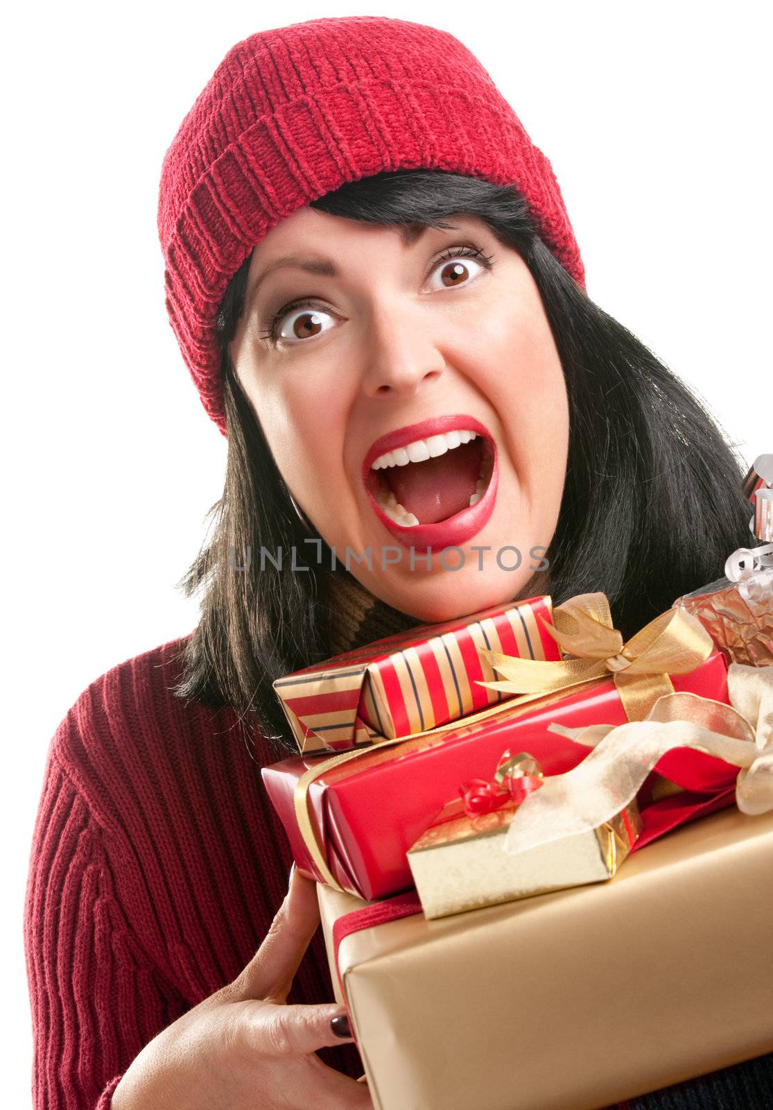 Happy, Attractive Woman Holds Holiday Gifts Isolated on a White Background.