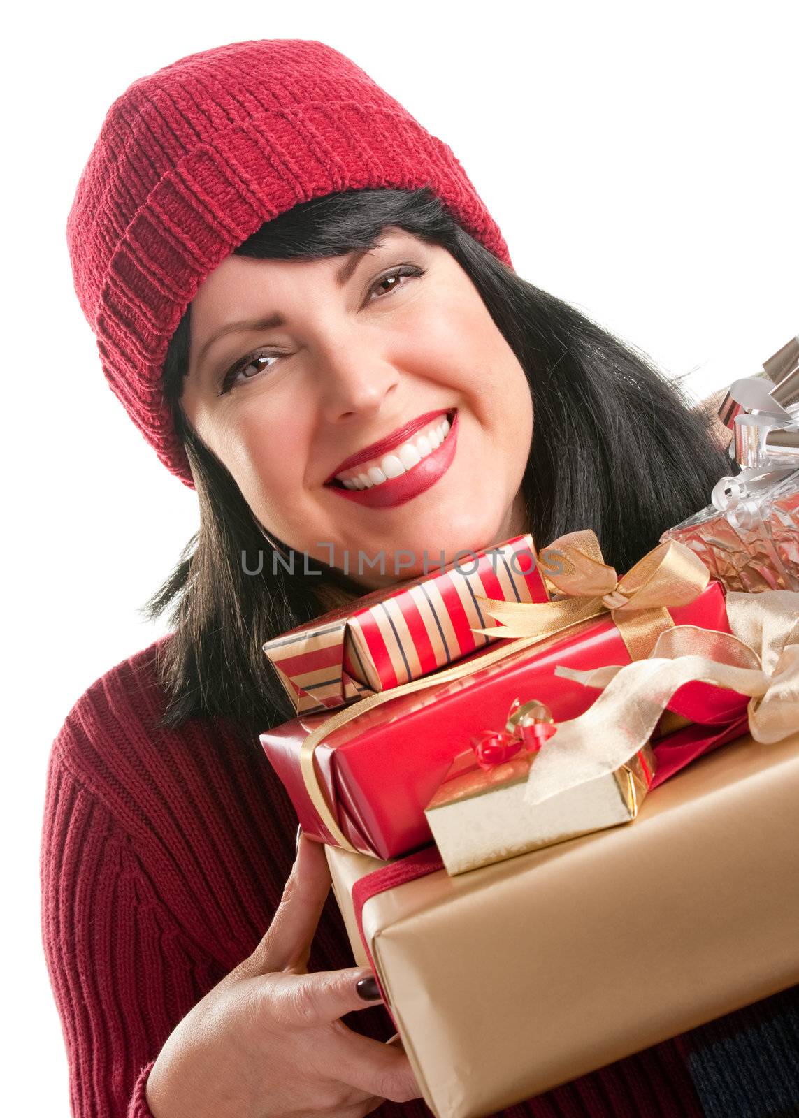 Happy, Attractive Woman Holds Holiday Gifts Isolated on a White Background.