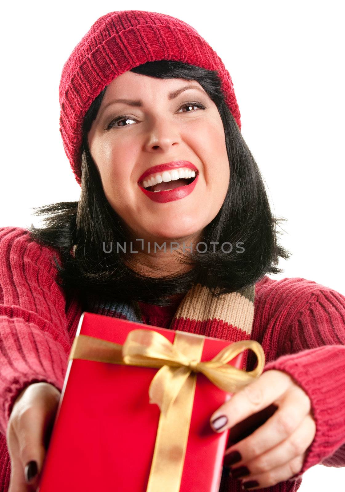 Happy, Attractive Woman Offering Holiday Gift Isolated on a White Background.