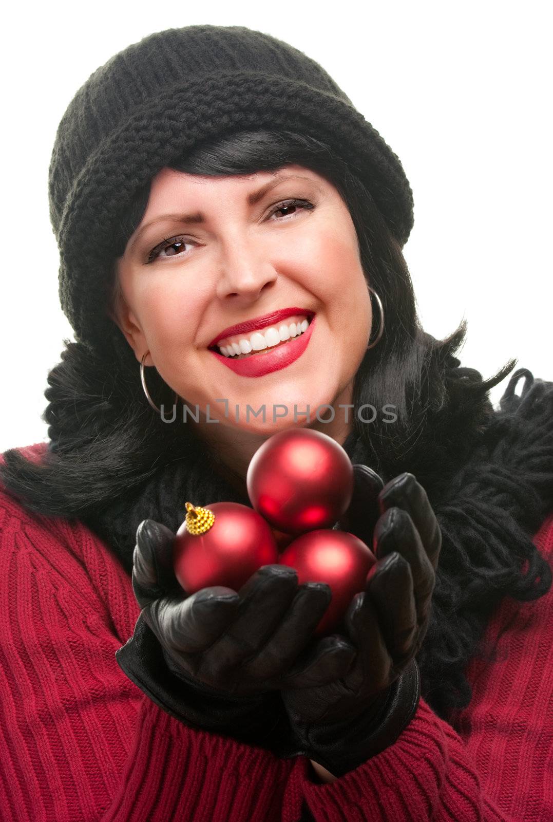 Attractive Woman Holding Red Ornaments Isolated on a White Background. 