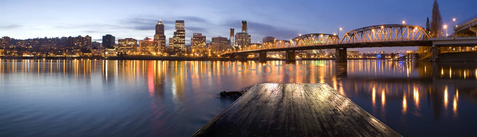 Portland, Oregon Panorama.  Night scene with light reflections on the Willamette River