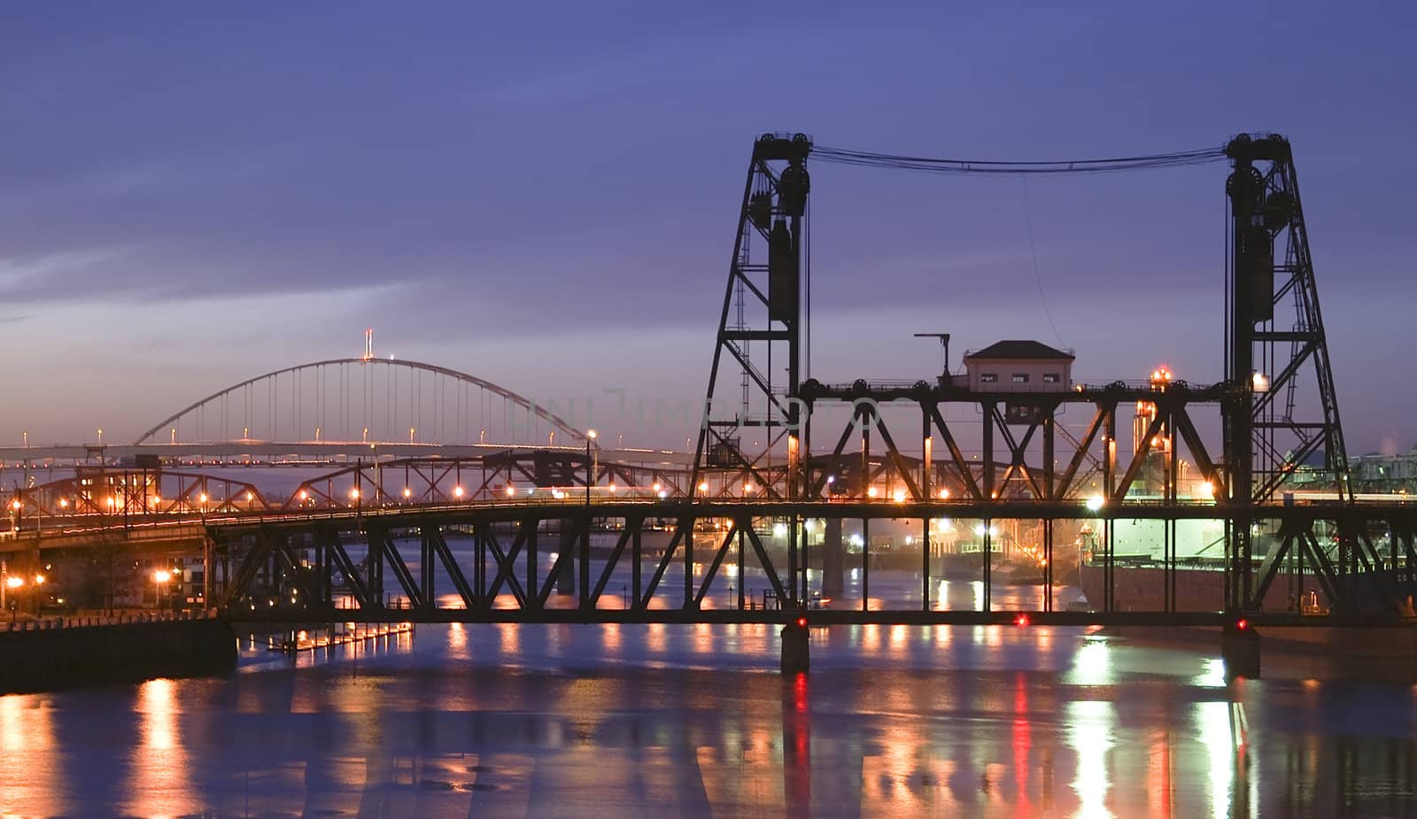 Portland, Oregon Panorama.  Night scene with light reflections on the Willamette River