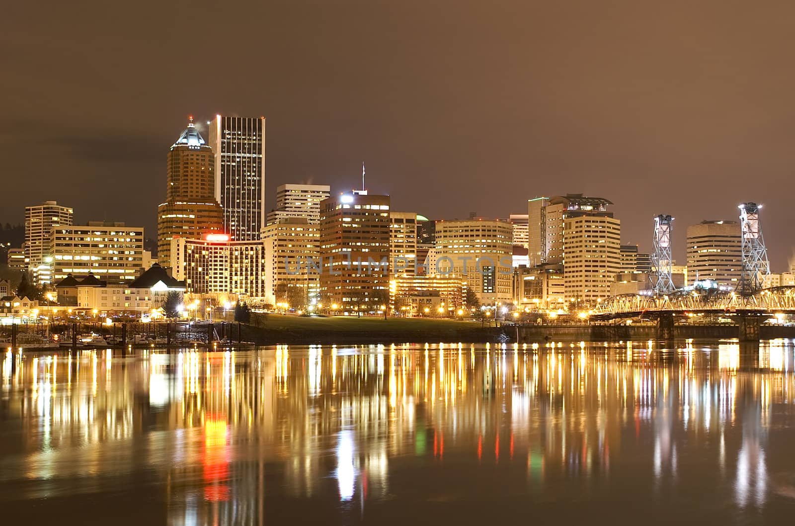 Portland, Oregon Panorama.  Night scene with light reflections on the Willamette River