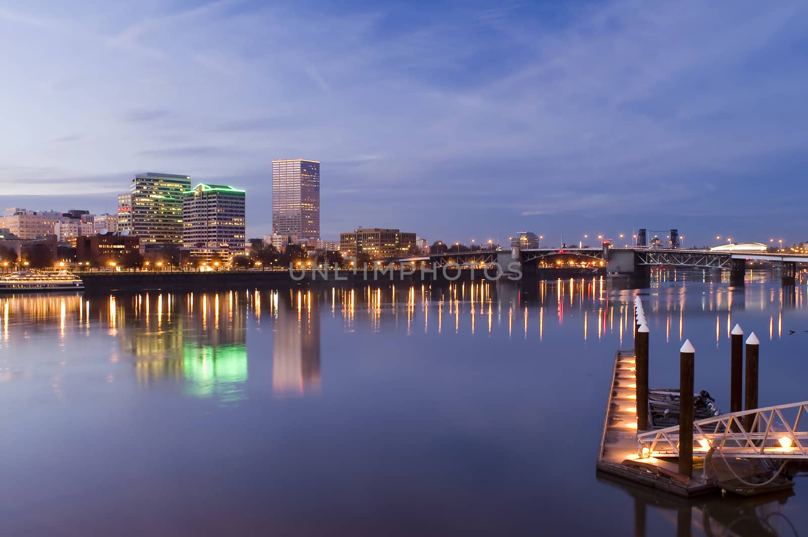 Portland, Oregon.  Night scene with light reflections on the Willamette River
