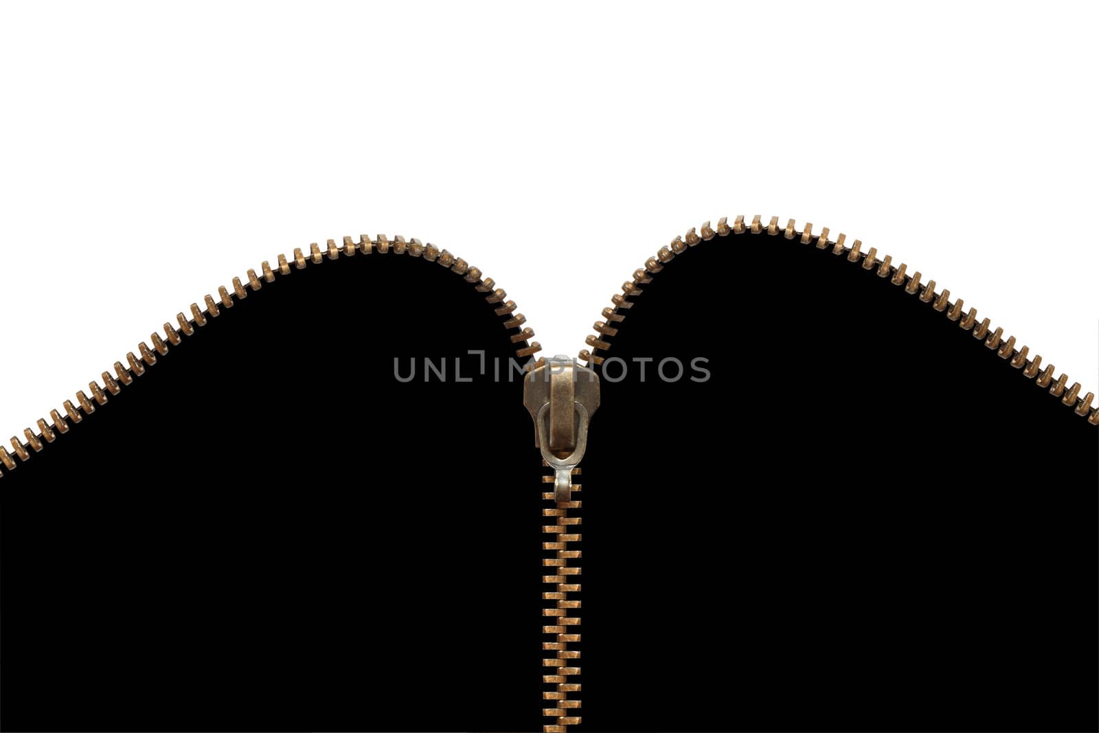 Brass zipper on black and white background. Isolated with clipping