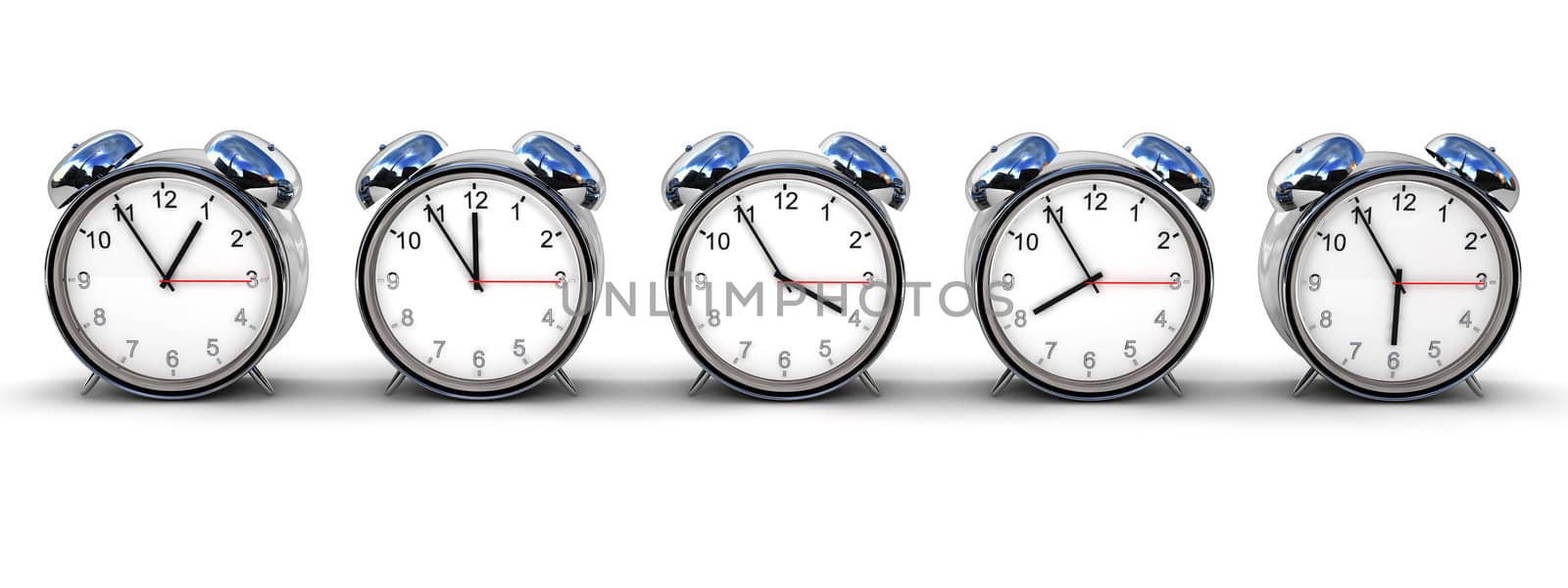 Five retro alarm clocks isolated over white, each with different time