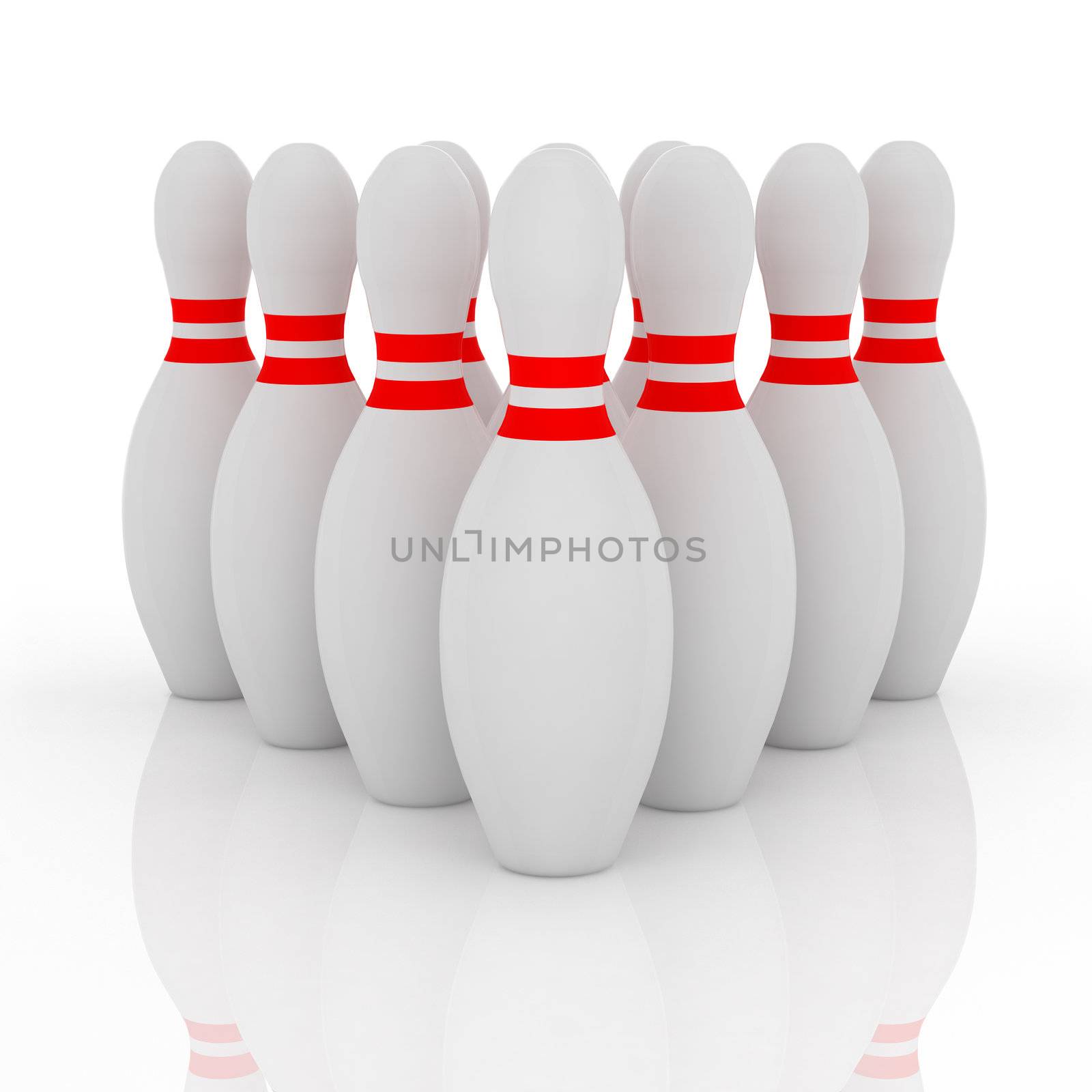 a set of bowling skittles on reflecting white background