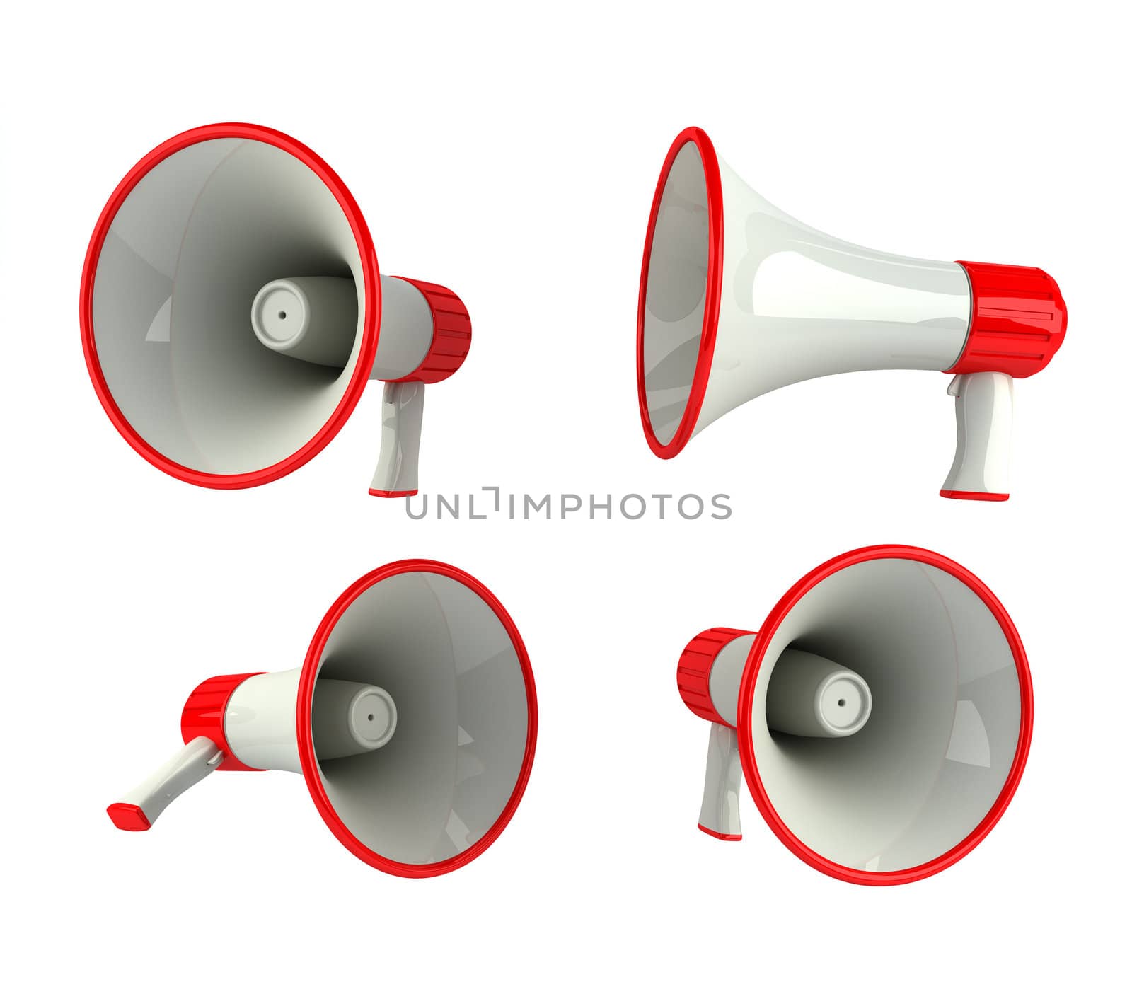 Megaphone in different angles, isolated over white