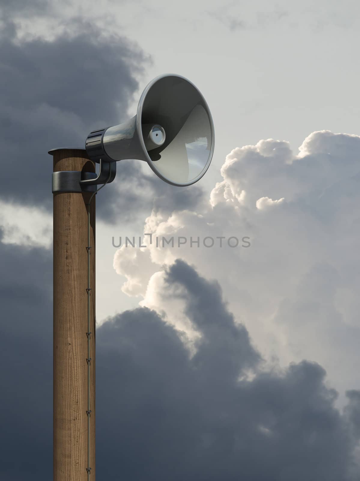 Loudspeaker on wooden pole against stormy sky