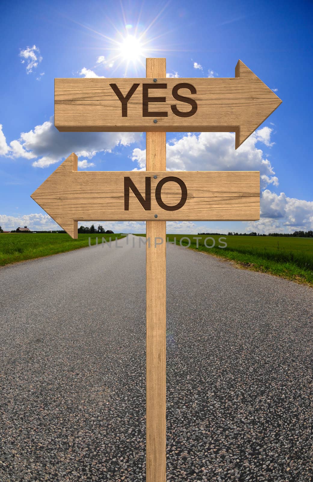yes or no wood sign on road
