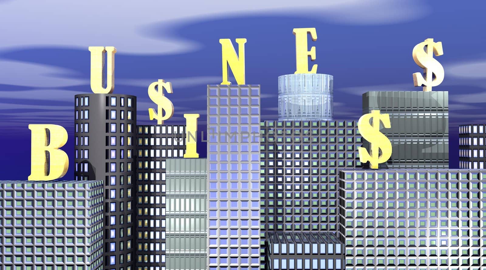 Business written in yellow letters on buildings by morning sky