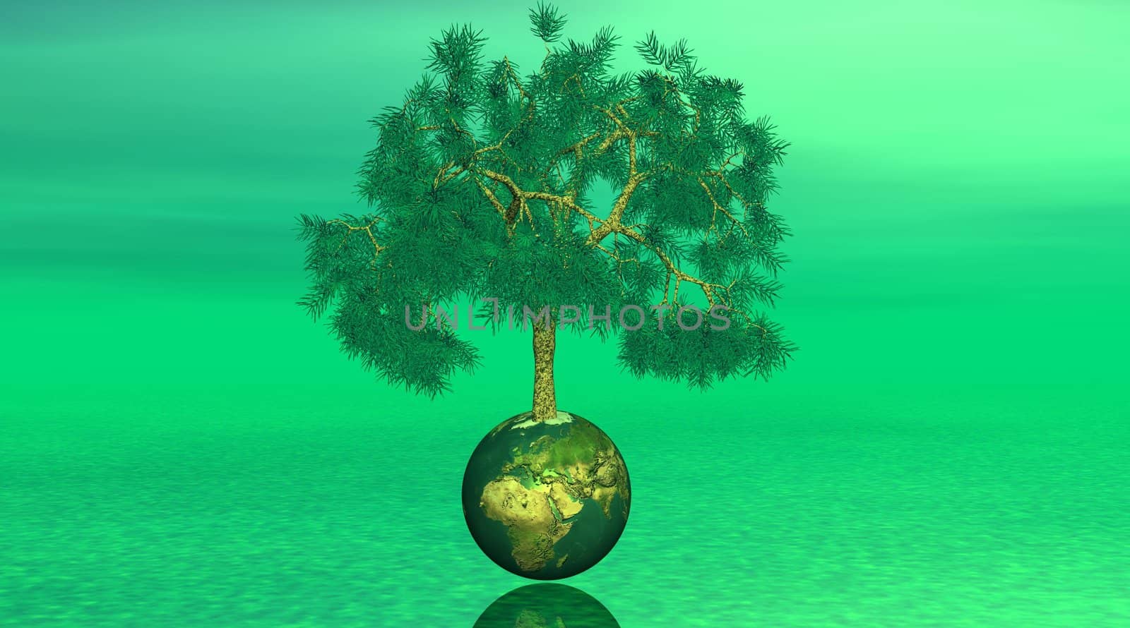 Tree with lots of leaves on small earth in green background