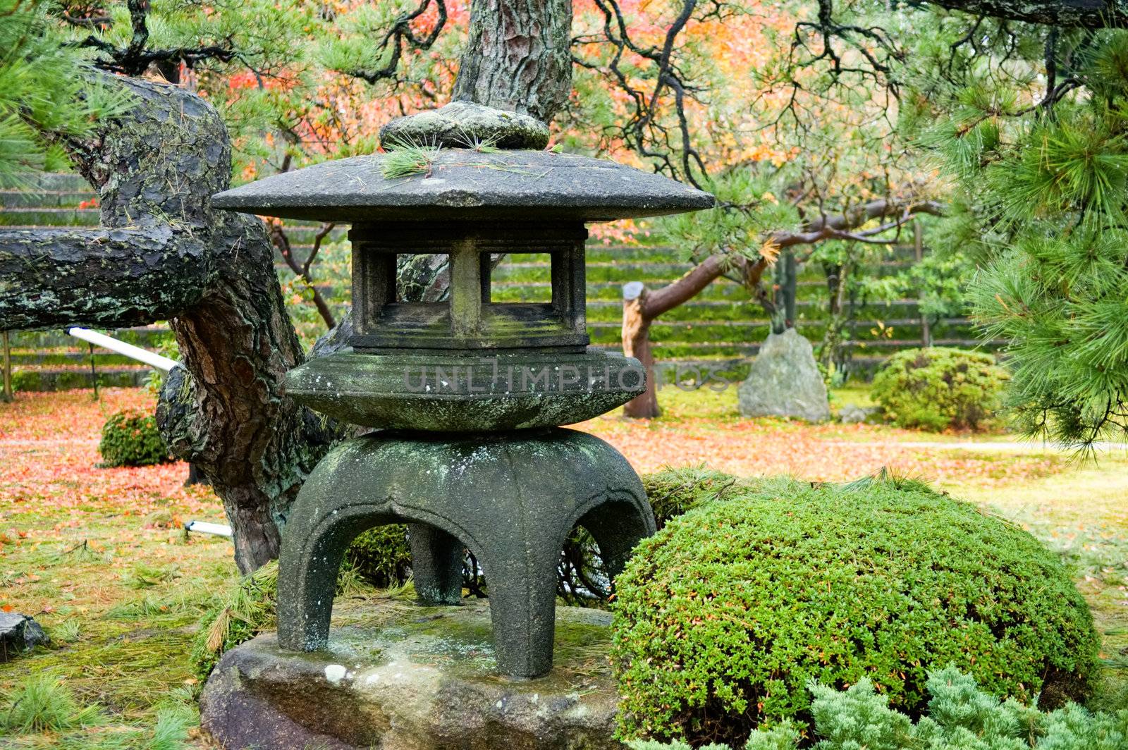 Granite lantern in the middle of wild garden