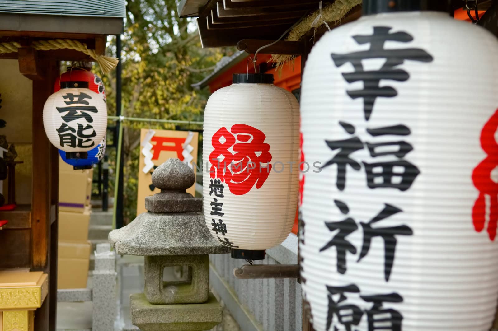 The decrative lanterns in temple with fortune script