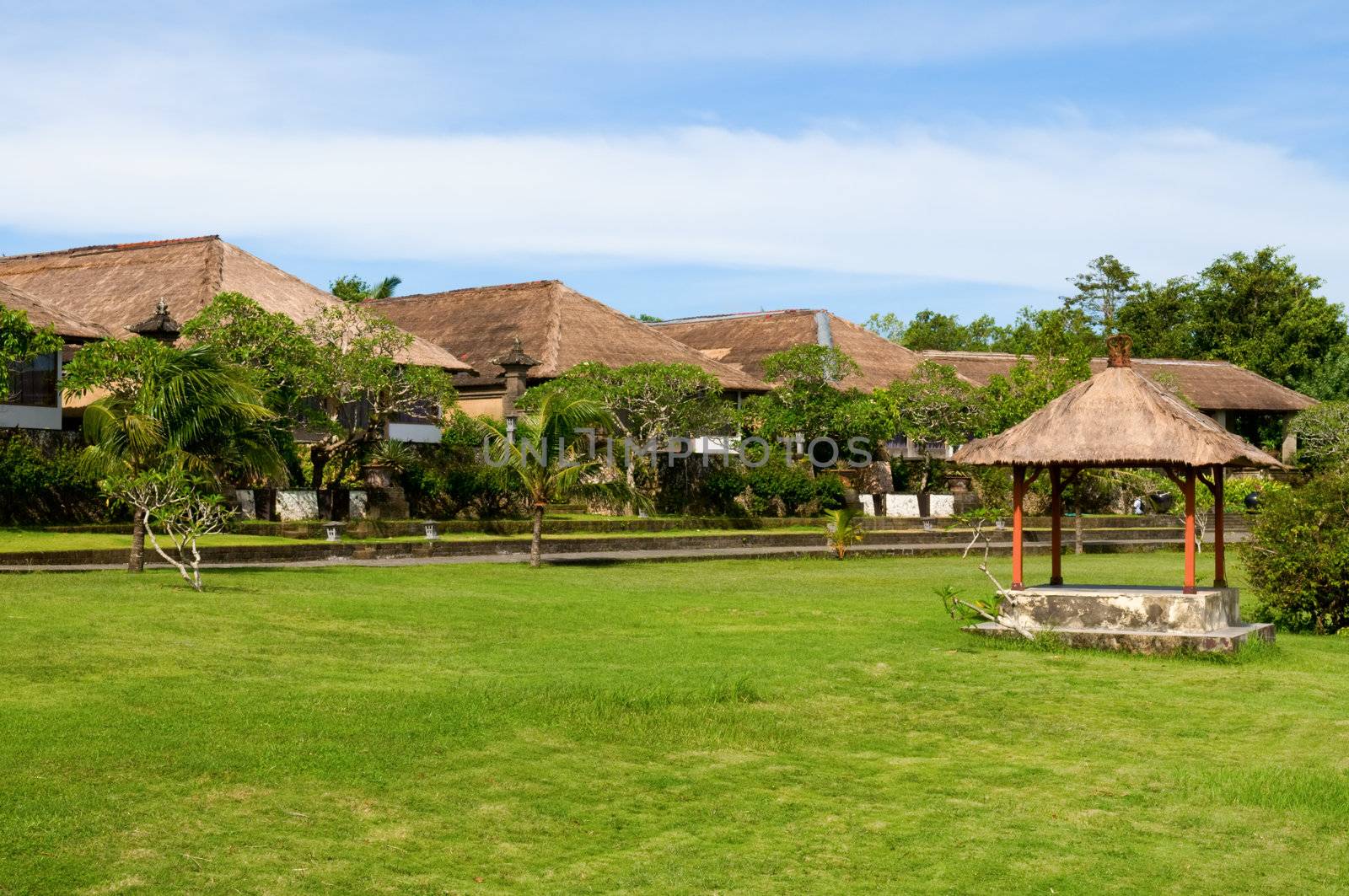 Villas and hut in green field of India