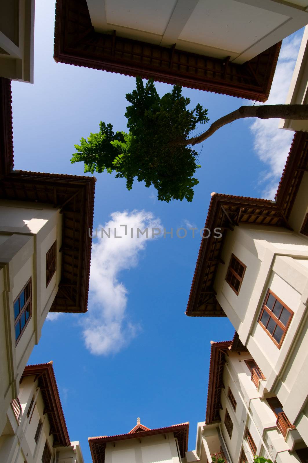 Underside view to the residential constructions with sky background