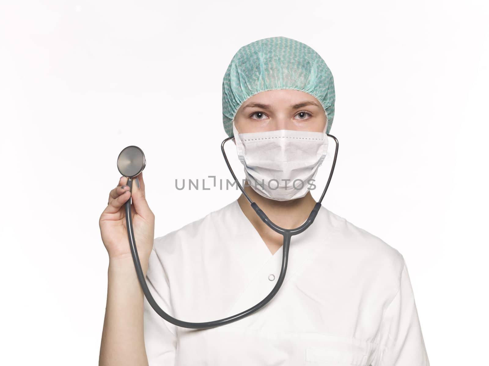 Female nurse with a stethoscope isolated towards white background