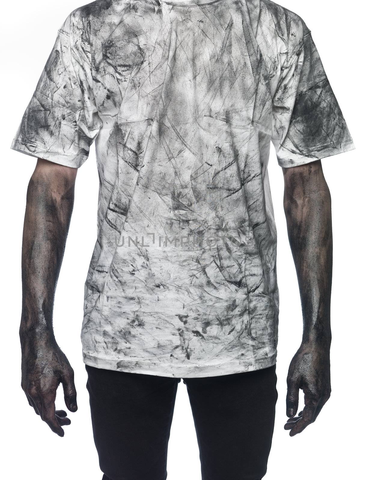 Very dirty man towards white background