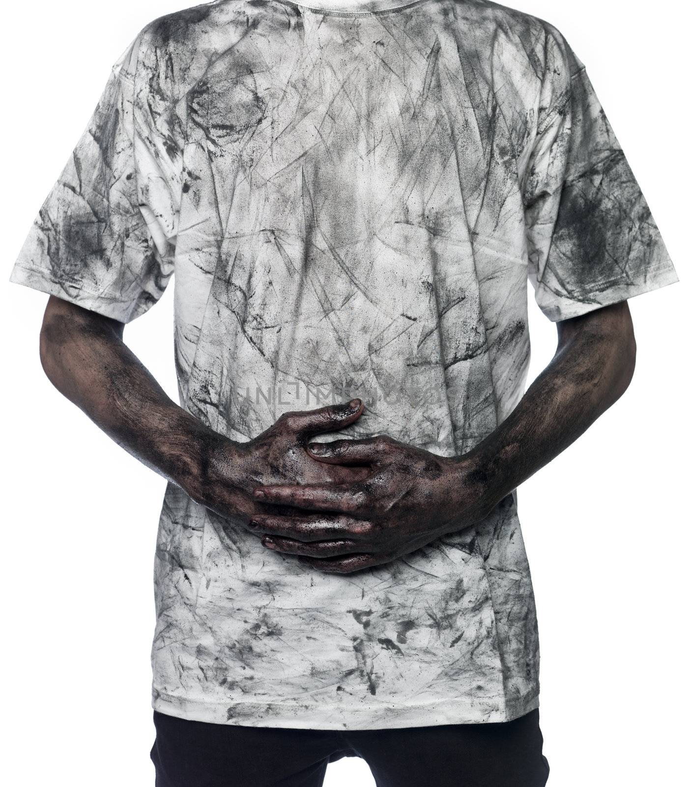 Very dirty man towards white background