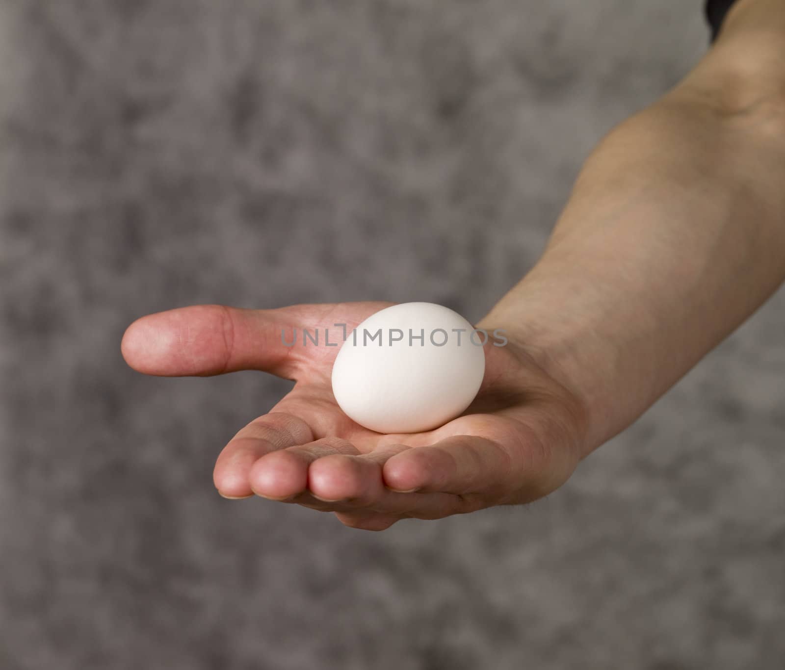 Hand holding and egg towards grey background