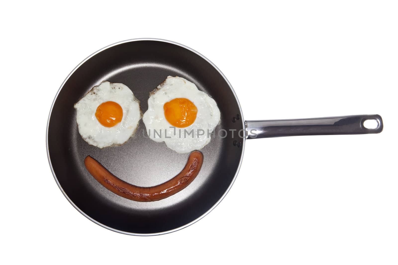 Saucepan with eggs and a sausage