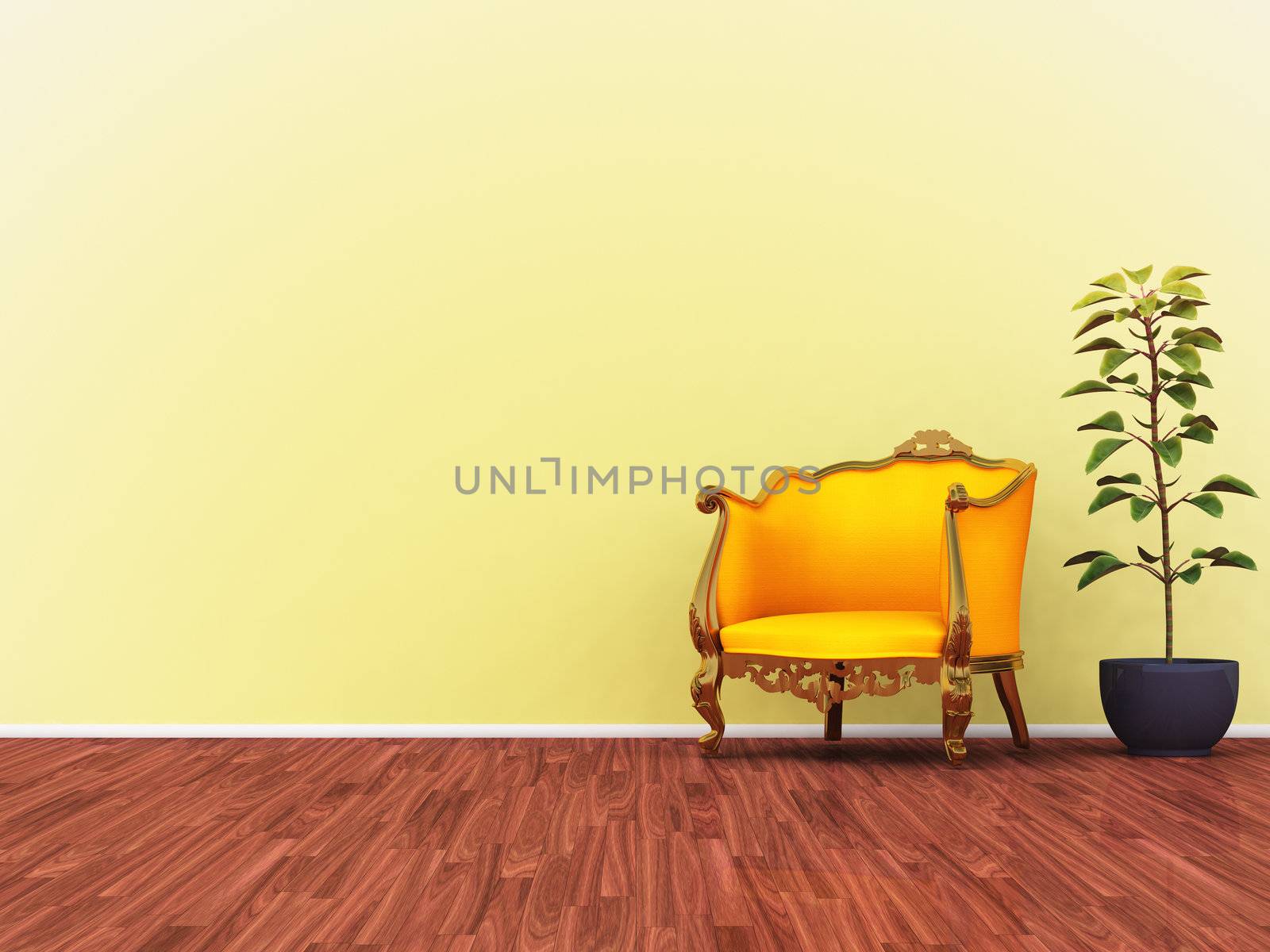 An illustration of a yellow room with a yellow sofa