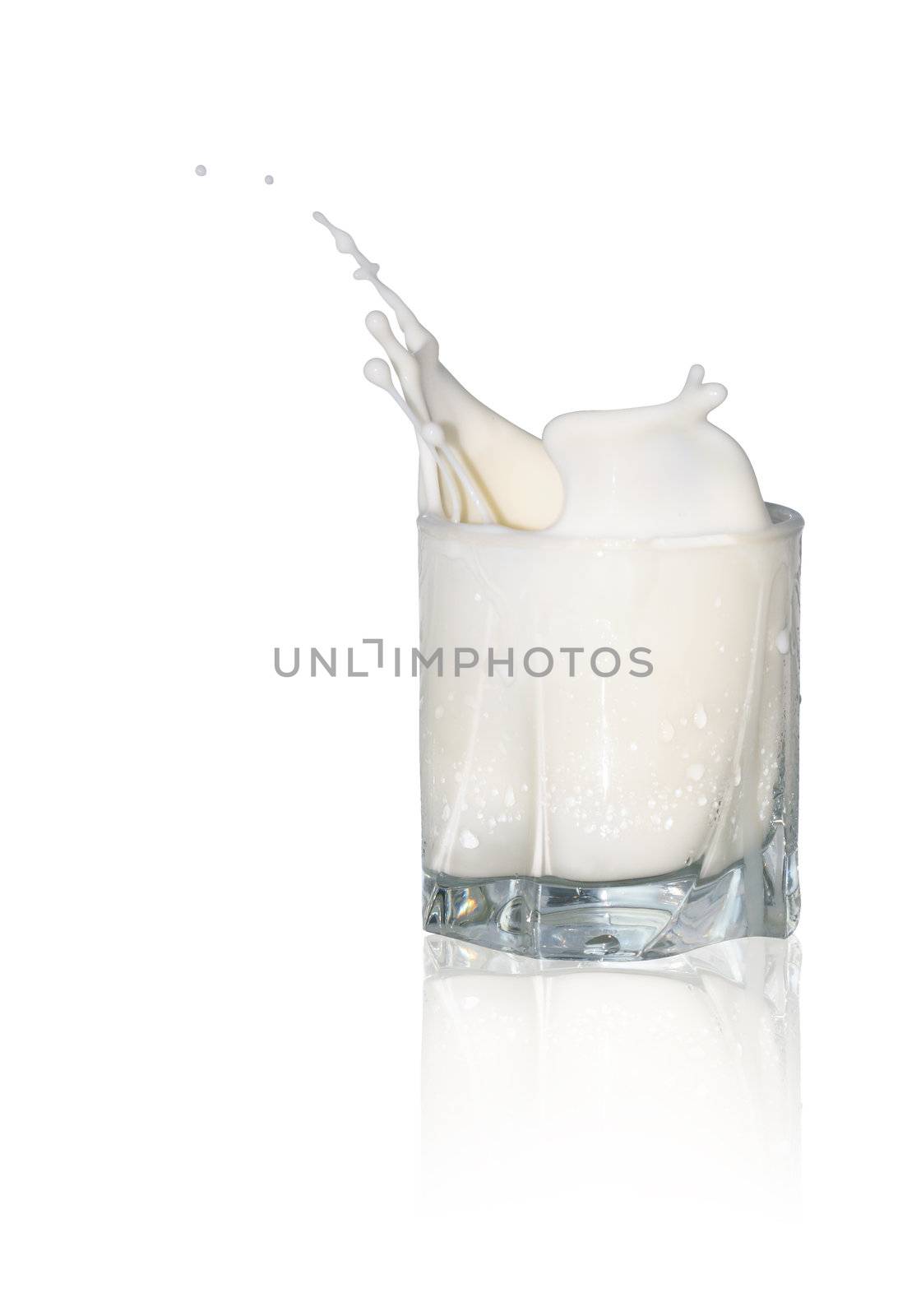 Glass of splashing milk isolated on white background with clipping path