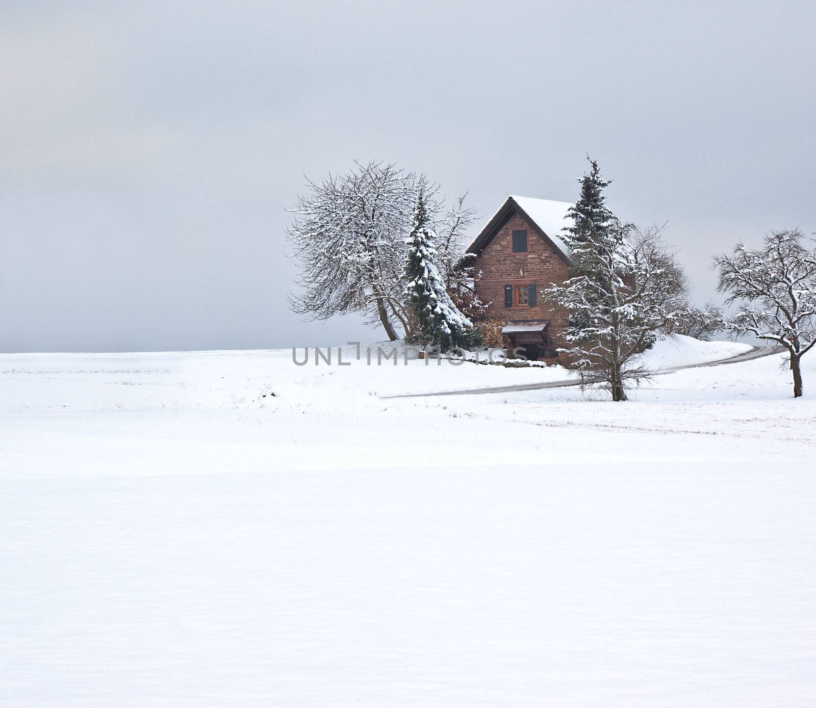 A photography of a winter scenery with a house