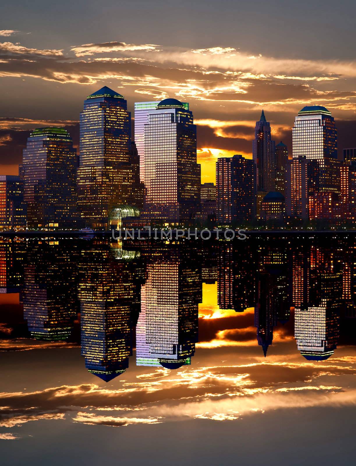 Lower-Manhattan skylines with a perfect symmetric reflection 