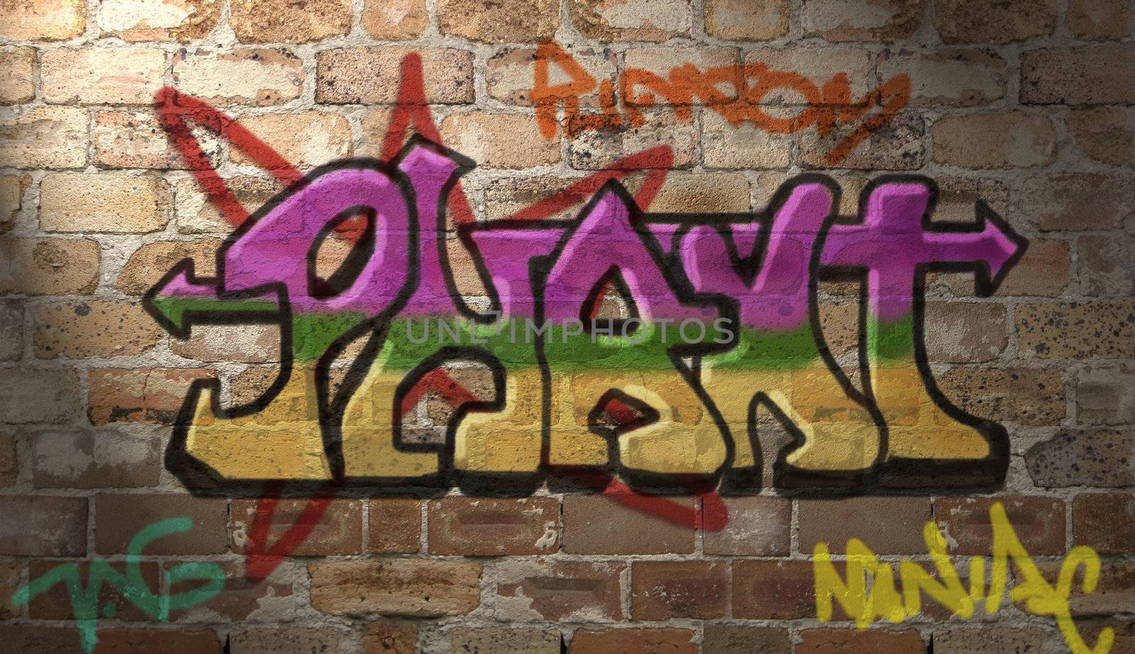 
Grafitti was  drawn and coloured in photoshop using a custom aerosol brush (which I made myself) over photographed brickwork

Added lighting effect to the wall.