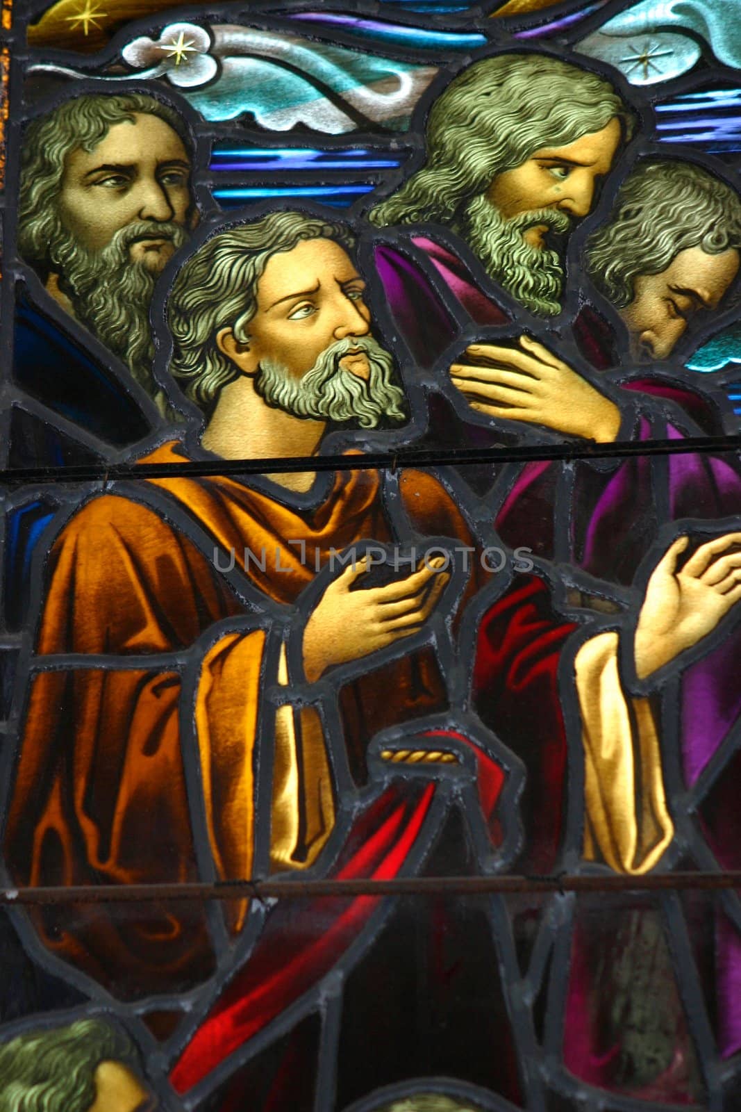 Staned glass window depicting apostles.  circa 1870-1900.  Window shows some age.