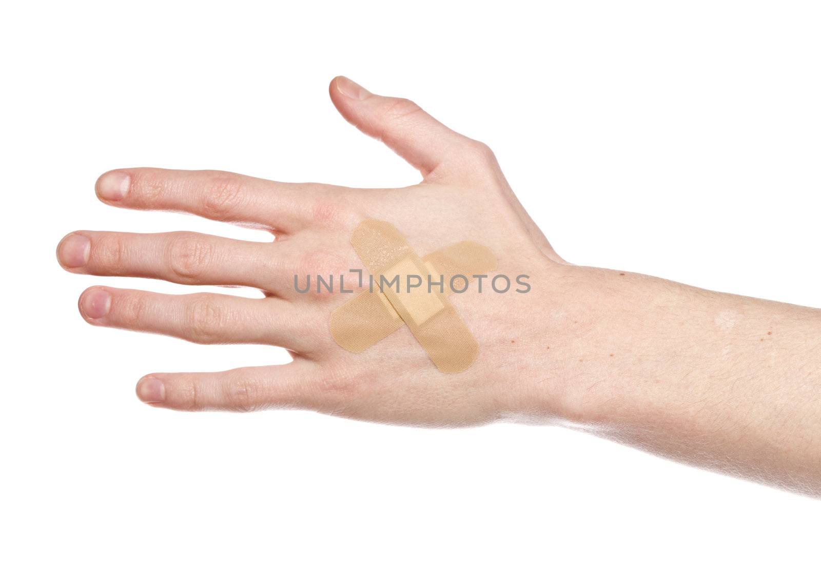 Hand with bandaid isolated on a w hite background