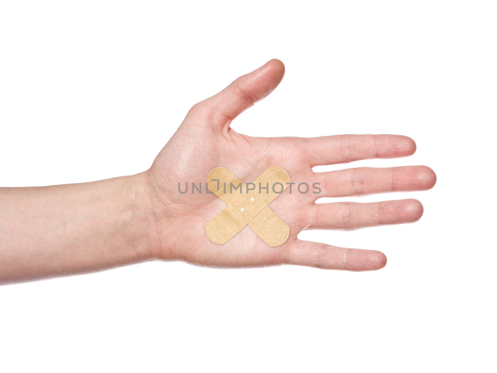 Hand with bandaid isolated on a w hite background