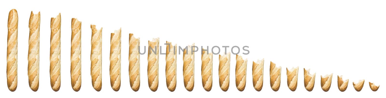 Time lapse - Baguette being eaten isolated on a white background