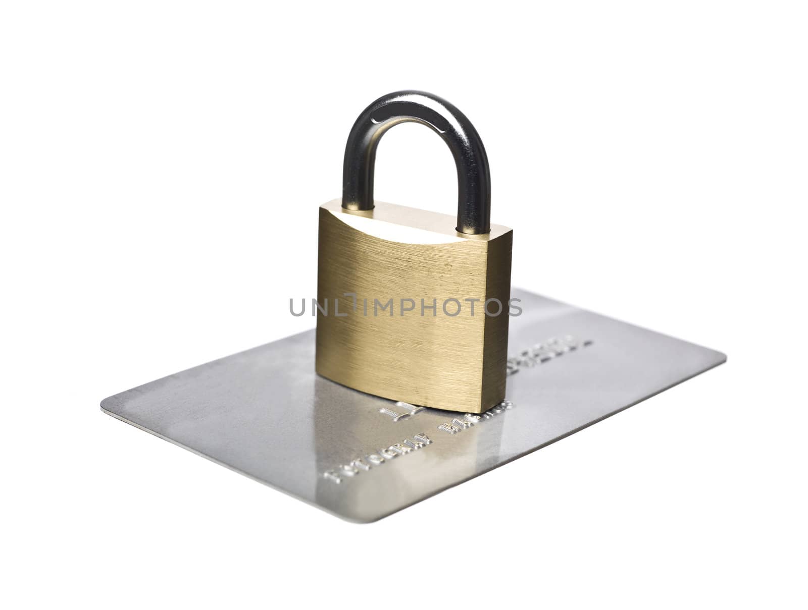 Credit card and a padlock isolated on a white background