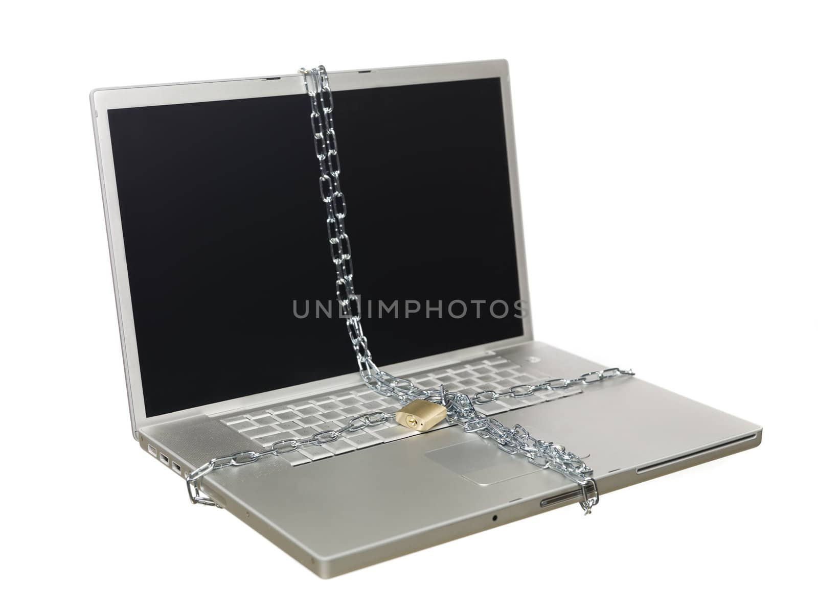 Chained and locked laptop isolated on white