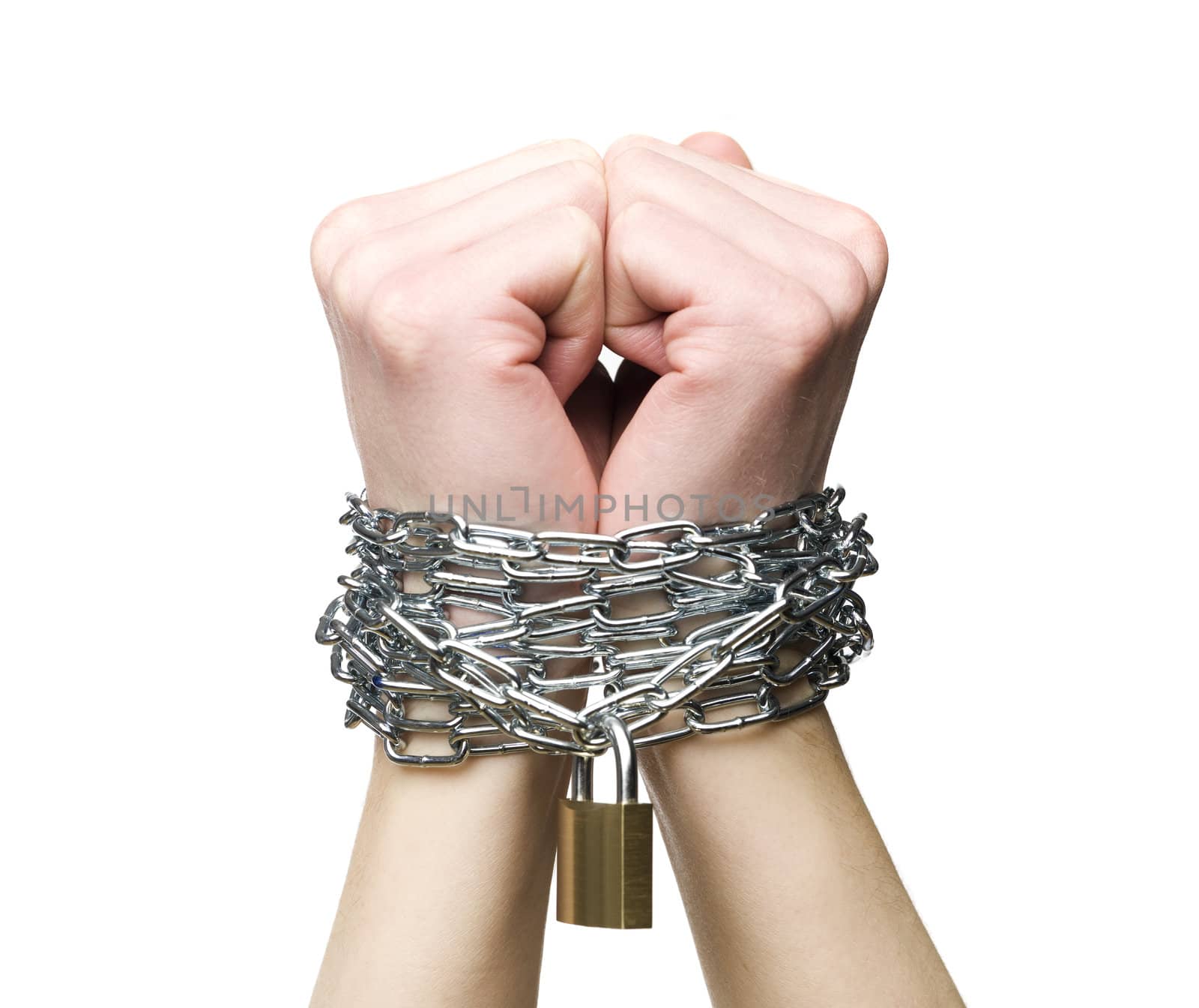 Hands chained together isolated on a white background