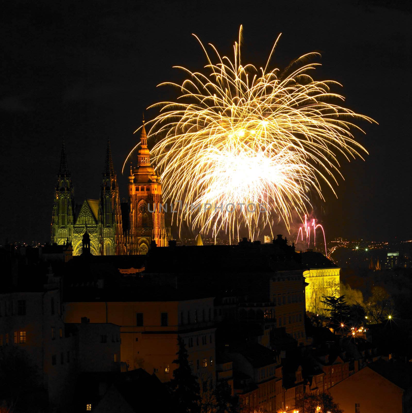 New Year''s fireworks, Hradcany, Prague, Czech Republic