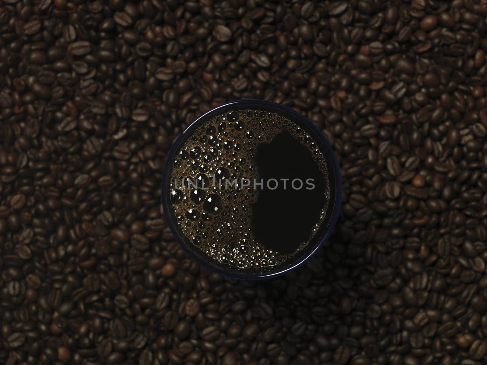 Glass of coffee among coffee-beans