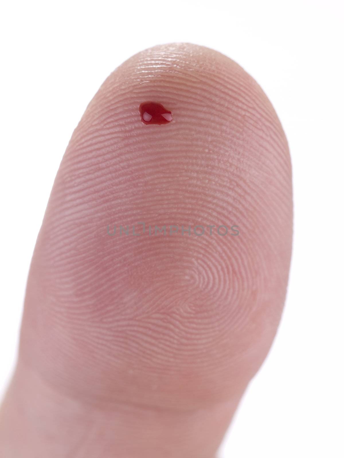 Macro view of a drop of real blood on a human thumb.