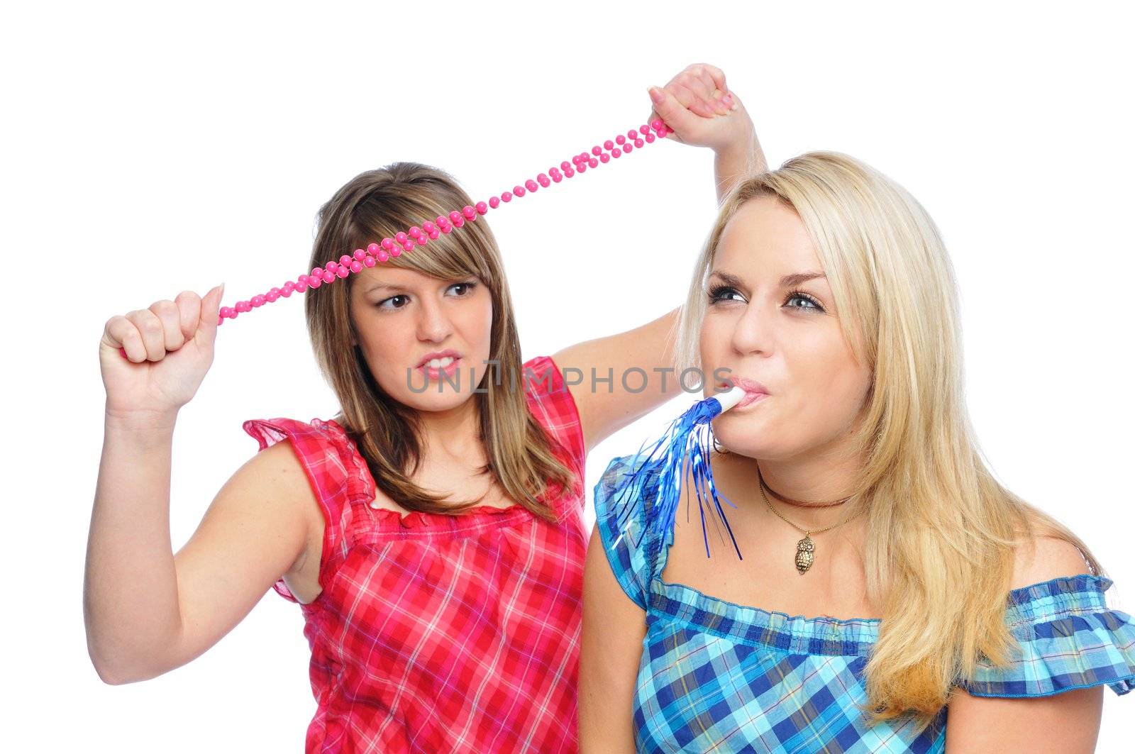woman with a party blower about to be attacked by her friend
