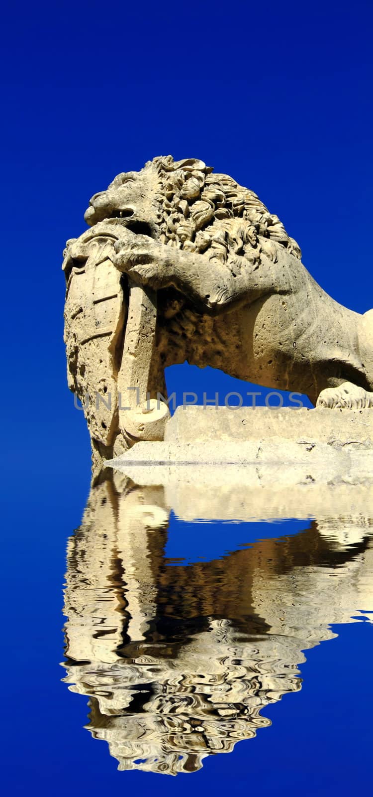 Medieval stone sculpture of lion guarding the gates of the old city of Mdina in Malta