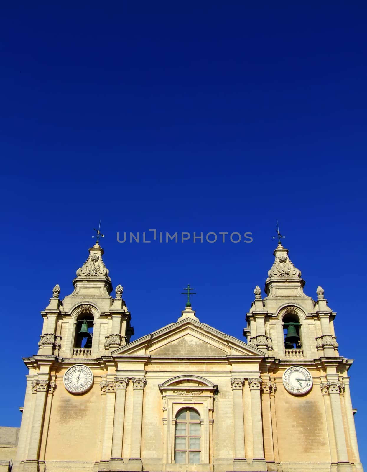 Facade of the Cathedral of Malta in the old city of Mdina