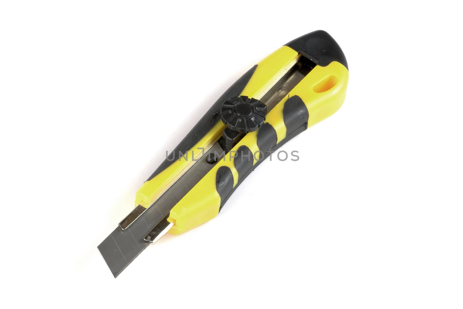 Utility knife with yellow transparent plastic handle