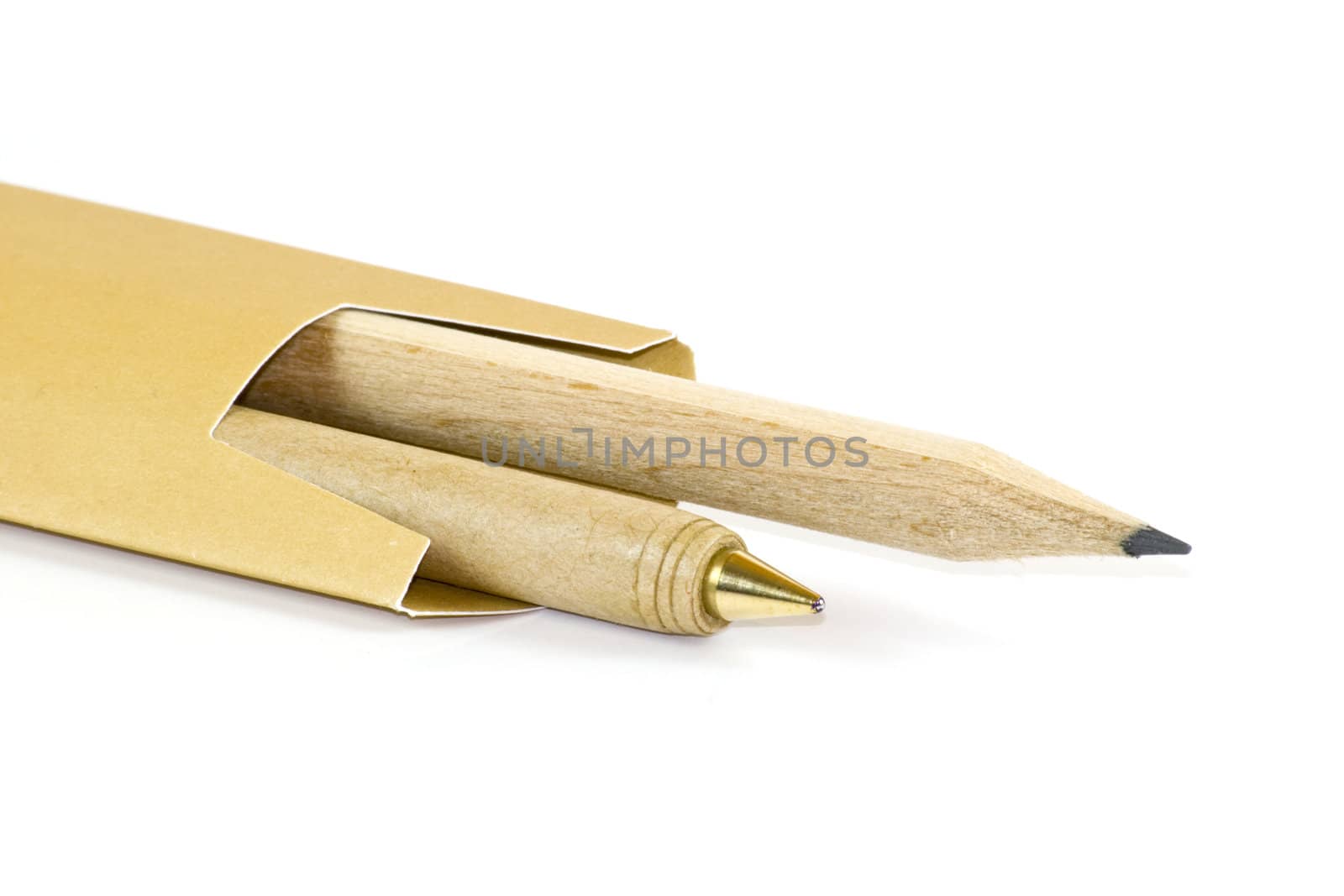 Ballpoint and pencil isolated on white background
